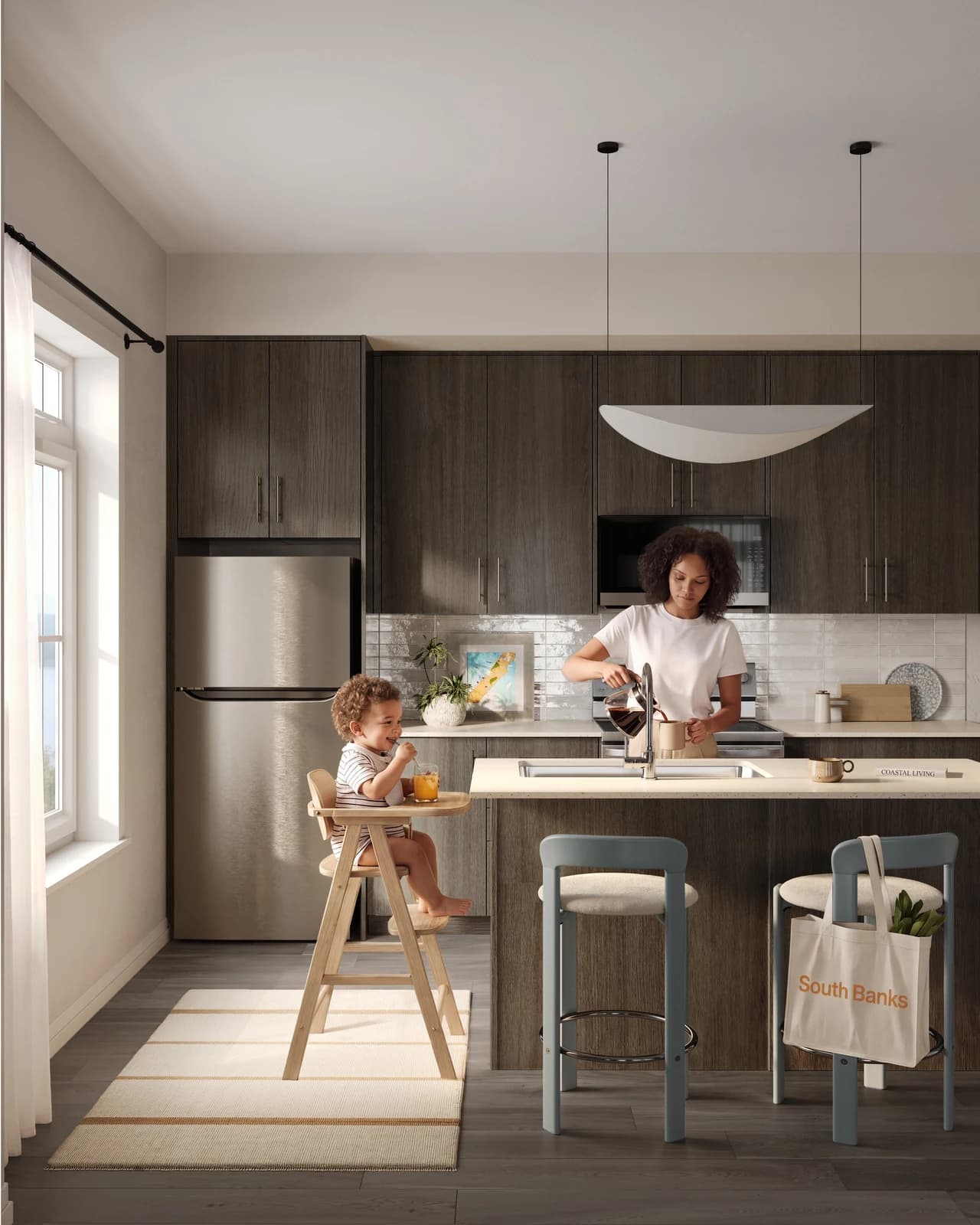 A townhome kitchen with an island and warm wood cabinetry