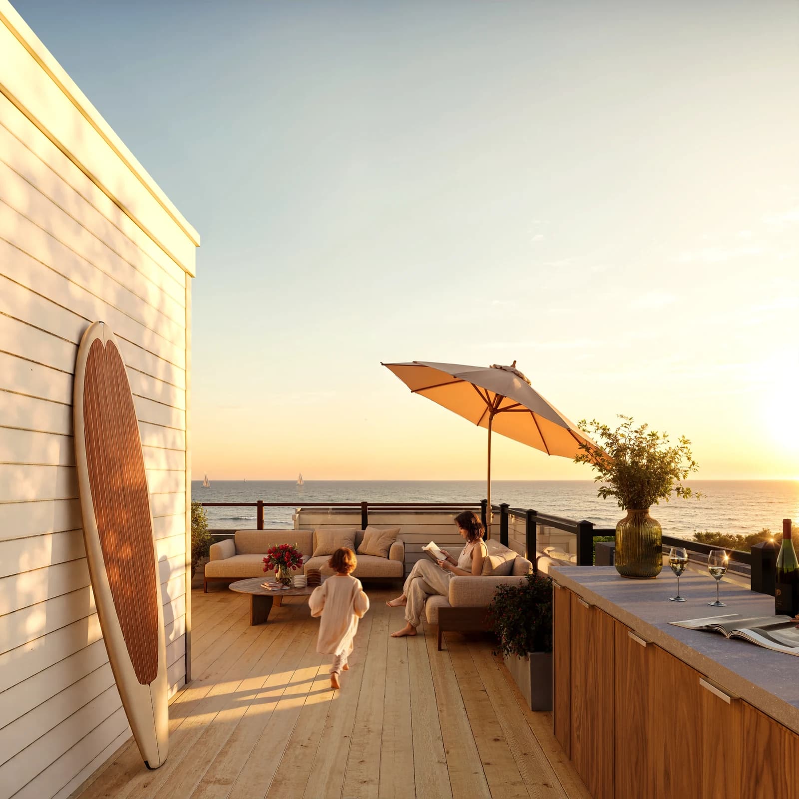 A rooftop terrace with lounge seating beside the lake at sunset
